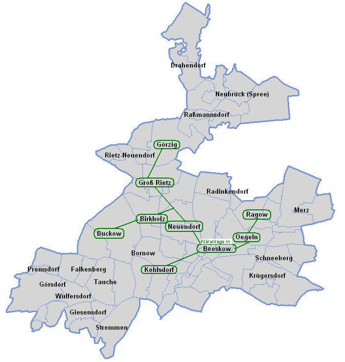 Das Bild zeigt bildlich das oben geschriebene und zeigt einen Kartenausschnitt des Landkreis Oder-Spree mit den Entsorungsgebieten. Über eine zentrale Abwasserentsorgung verfügen: Beeskow und Ortsteile, sowie Ragow und Rietz-Neuendorf und Ortsteile.