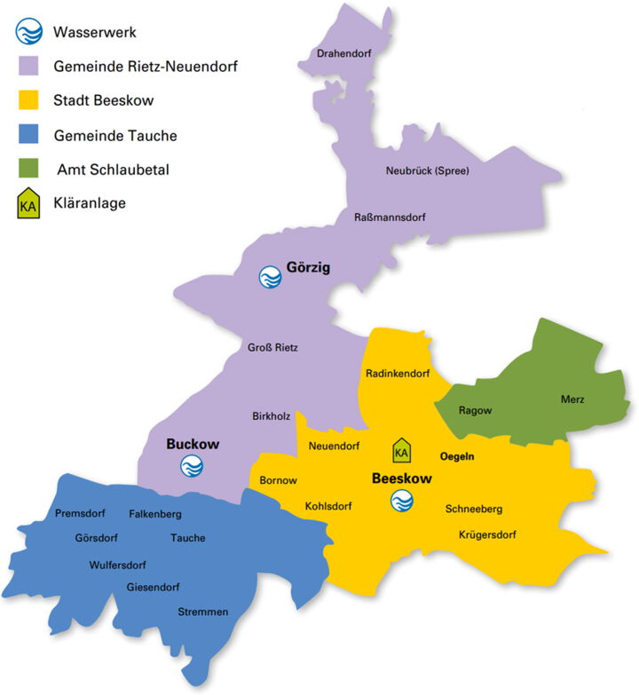 Versorgungsgebiet des WAZV mit den vier Bereichen Gemeinde Rietz-Neuendorf, Stadt Beeskow, Amt Schlaubetal, Gemeinde Tauche.